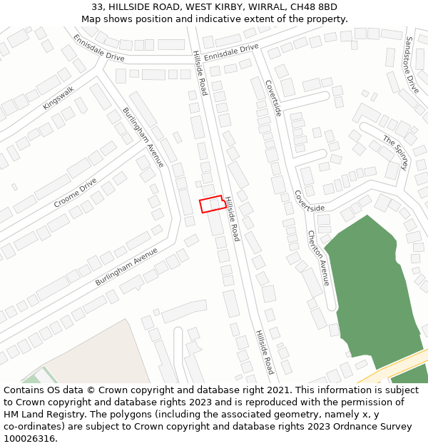 33, HILLSIDE ROAD, WEST KIRBY, WIRRAL, CH48 8BD: Location map and indicative extent of plot