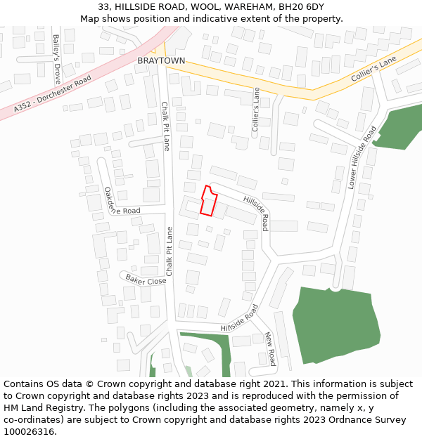 33, HILLSIDE ROAD, WOOL, WAREHAM, BH20 6DY: Location map and indicative extent of plot