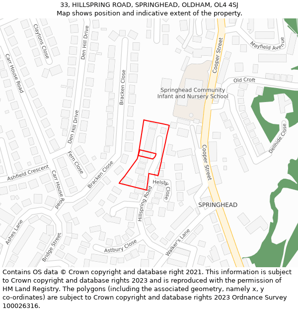 33, HILLSPRING ROAD, SPRINGHEAD, OLDHAM, OL4 4SJ: Location map and indicative extent of plot