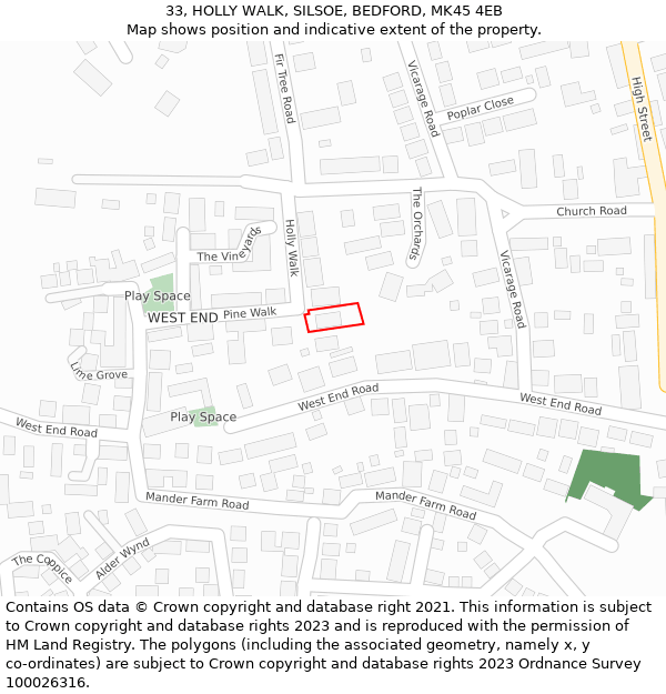 33, HOLLY WALK, SILSOE, BEDFORD, MK45 4EB: Location map and indicative extent of plot