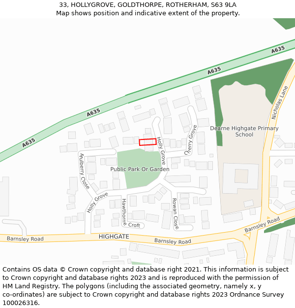 33, HOLLYGROVE, GOLDTHORPE, ROTHERHAM, S63 9LA: Location map and indicative extent of plot