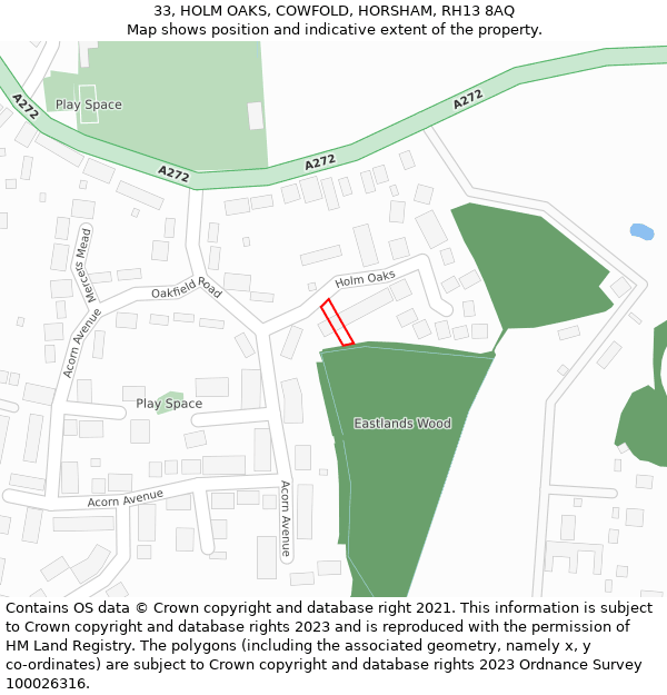 33, HOLM OAKS, COWFOLD, HORSHAM, RH13 8AQ: Location map and indicative extent of plot