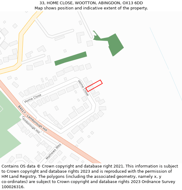 33, HOME CLOSE, WOOTTON, ABINGDON, OX13 6DD: Location map and indicative extent of plot