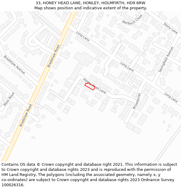 33, HONEY HEAD LANE, HONLEY, HOLMFIRTH, HD9 6RW: Location map and indicative extent of plot