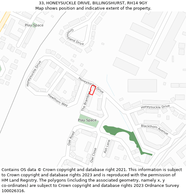 33, HONEYSUCKLE DRIVE, BILLINGSHURST, RH14 9GY: Location map and indicative extent of plot