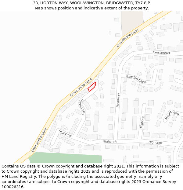 33, HORTON WAY, WOOLAVINGTON, BRIDGWATER, TA7 8JP: Location map and indicative extent of plot