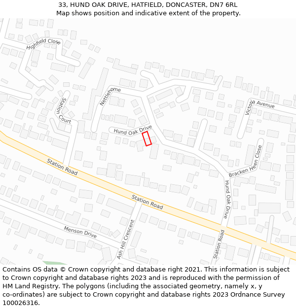 33, HUND OAK DRIVE, HATFIELD, DONCASTER, DN7 6RL: Location map and indicative extent of plot