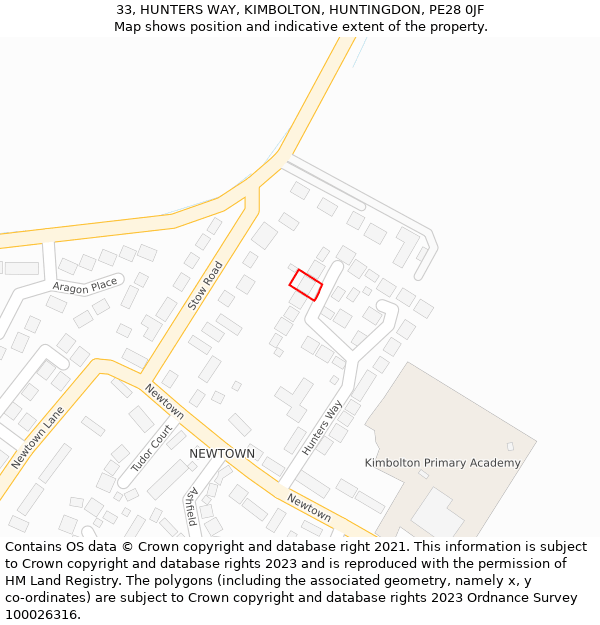 33, HUNTERS WAY, KIMBOLTON, HUNTINGDON, PE28 0JF: Location map and indicative extent of plot