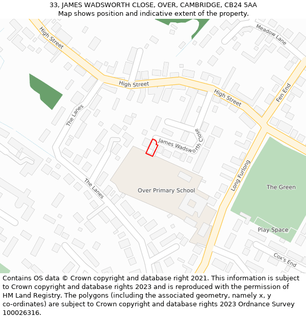 33, JAMES WADSWORTH CLOSE, OVER, CAMBRIDGE, CB24 5AA: Location map and indicative extent of plot