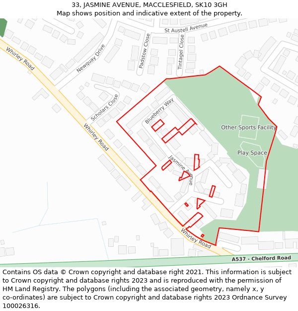 33, JASMINE AVENUE, MACCLESFIELD, SK10 3GH: Location map and indicative extent of plot