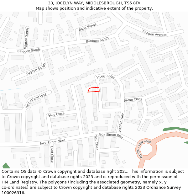 33, JOCELYN WAY, MIDDLESBROUGH, TS5 8FA: Location map and indicative extent of plot