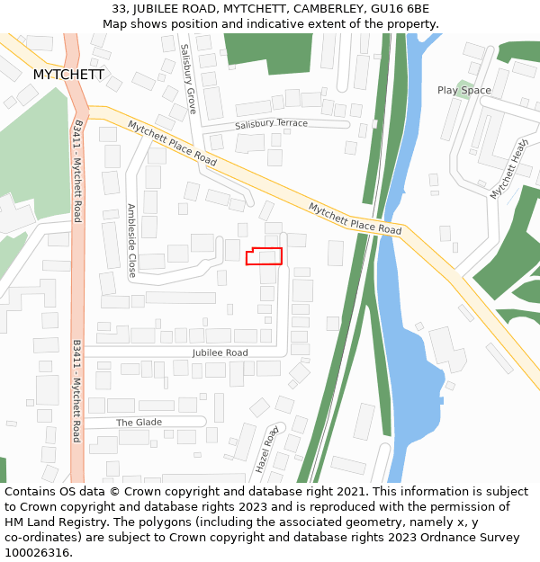 33, JUBILEE ROAD, MYTCHETT, CAMBERLEY, GU16 6BE: Location map and indicative extent of plot