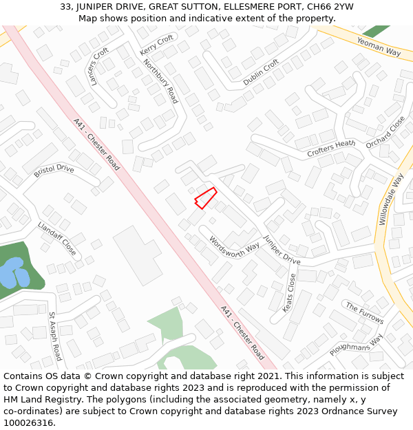 33, JUNIPER DRIVE, GREAT SUTTON, ELLESMERE PORT, CH66 2YW: Location map and indicative extent of plot
