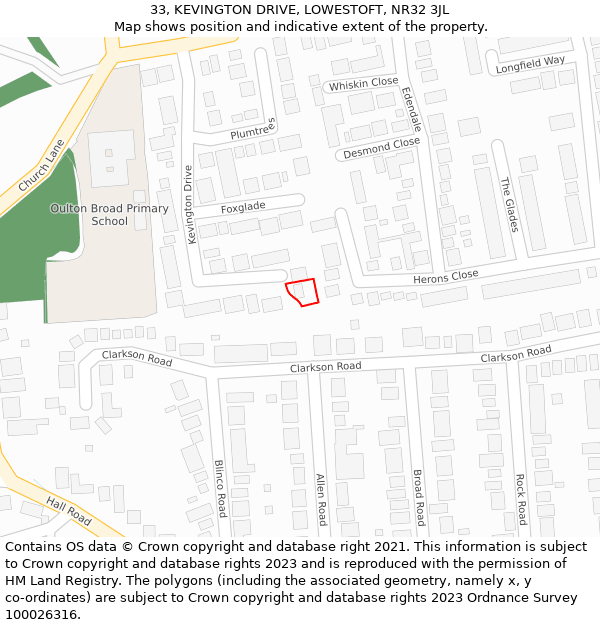 33, KEVINGTON DRIVE, LOWESTOFT, NR32 3JL: Location map and indicative extent of plot