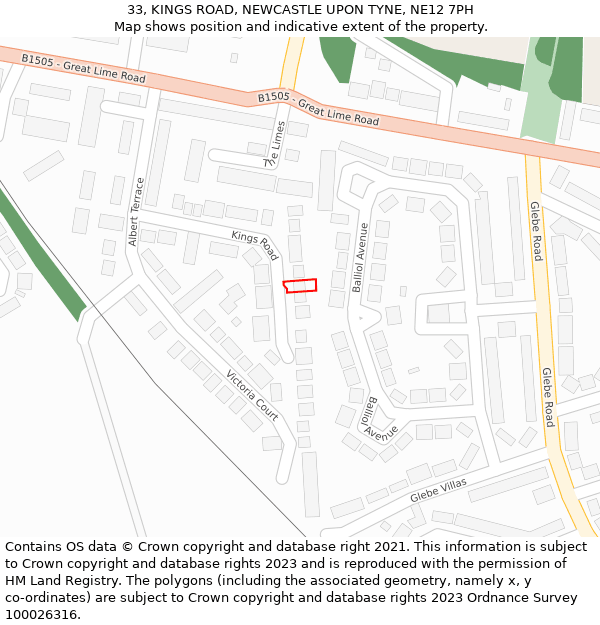 33, KINGS ROAD, NEWCASTLE UPON TYNE, NE12 7PH: Location map and indicative extent of plot
