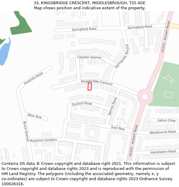 33, KINGSBRIDGE CRESCENT, MIDDLESBROUGH, TS5 4GE: Location map and indicative extent of plot