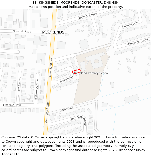 33, KINGSMEDE, MOORENDS, DONCASTER, DN8 4SN: Location map and indicative extent of plot