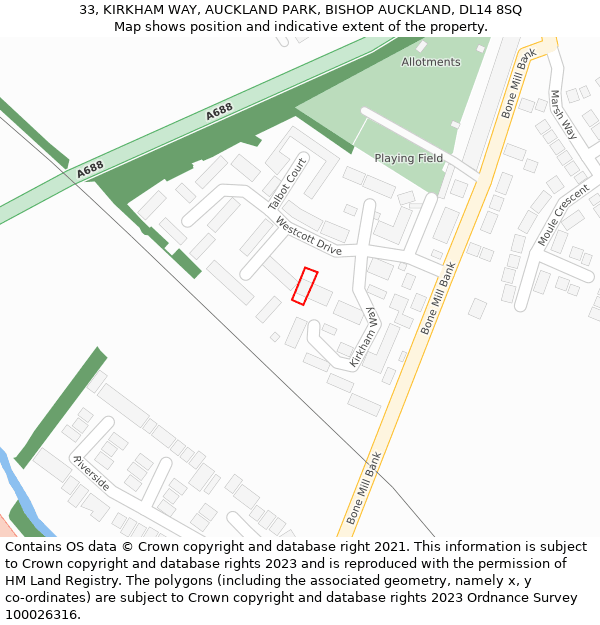 33, KIRKHAM WAY, AUCKLAND PARK, BISHOP AUCKLAND, DL14 8SQ: Location map and indicative extent of plot