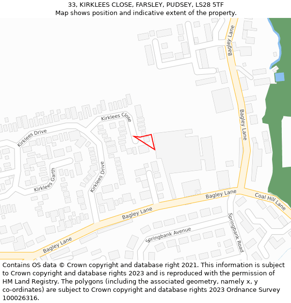 33, KIRKLEES CLOSE, FARSLEY, PUDSEY, LS28 5TF: Location map and indicative extent of plot