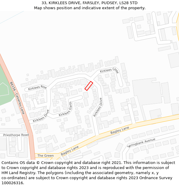 33, KIRKLEES DRIVE, FARSLEY, PUDSEY, LS28 5TD: Location map and indicative extent of plot