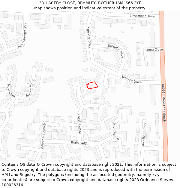 33, LACEBY CLOSE, BRAMLEY, ROTHERHAM, S66 3YF: Location map and indicative extent of plot