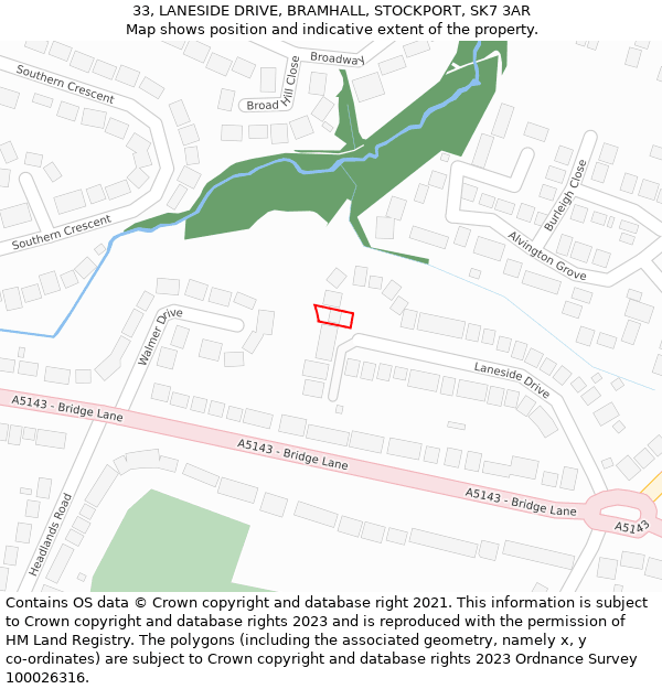 33, LANESIDE DRIVE, BRAMHALL, STOCKPORT, SK7 3AR: Location map and indicative extent of plot