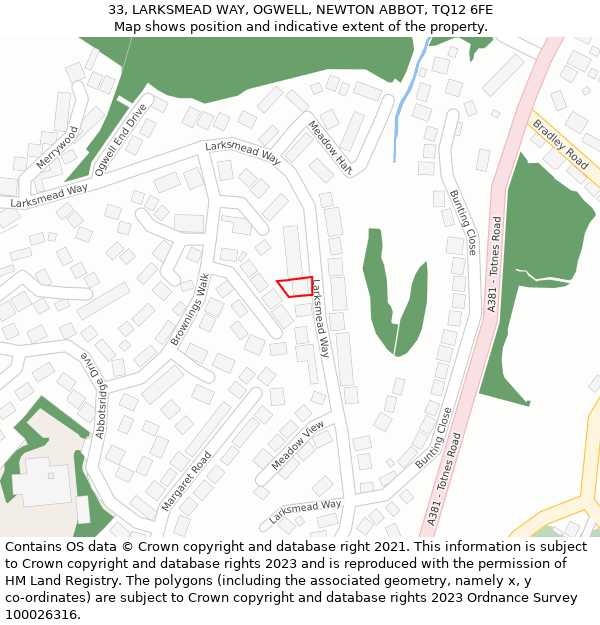 33, LARKSMEAD WAY, OGWELL, NEWTON ABBOT, TQ12 6FE: Location map and indicative extent of plot