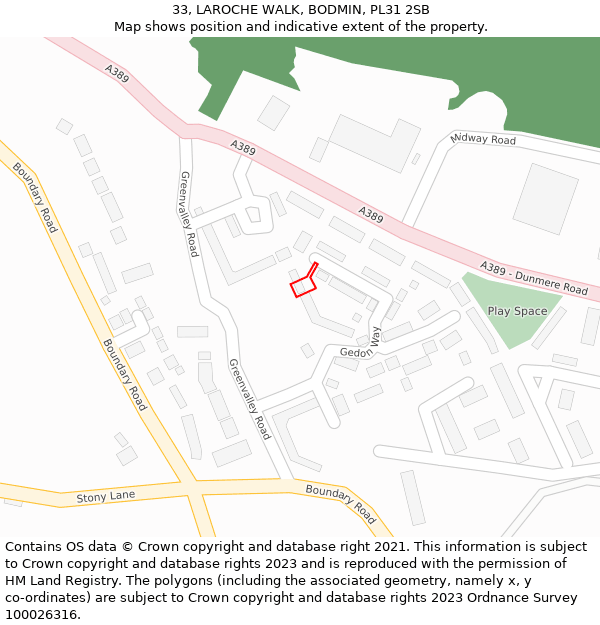 33, LAROCHE WALK, BODMIN, PL31 2SB: Location map and indicative extent of plot