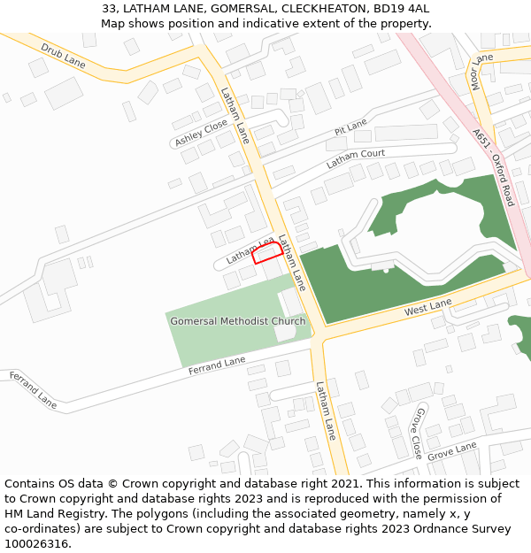 33, LATHAM LANE, GOMERSAL, CLECKHEATON, BD19 4AL: Location map and indicative extent of plot