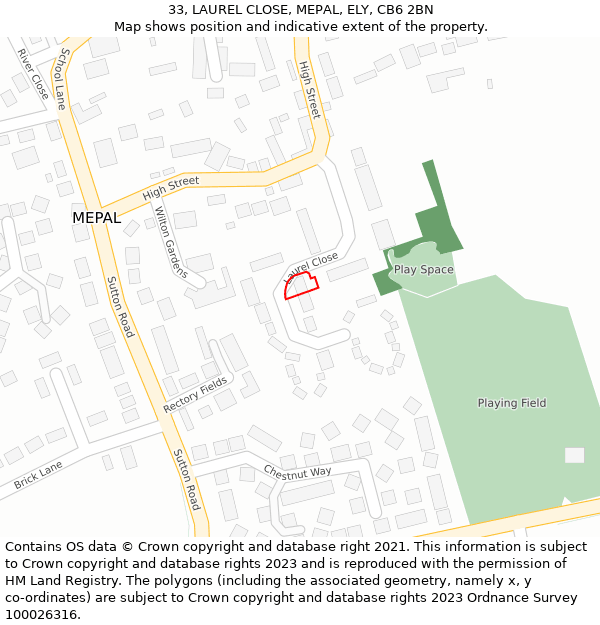 33, LAUREL CLOSE, MEPAL, ELY, CB6 2BN: Location map and indicative extent of plot