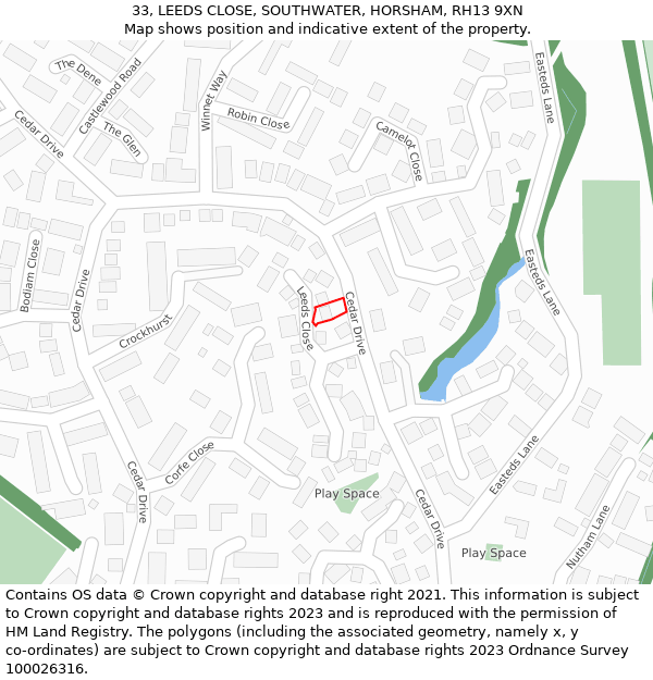 33, LEEDS CLOSE, SOUTHWATER, HORSHAM, RH13 9XN: Location map and indicative extent of plot