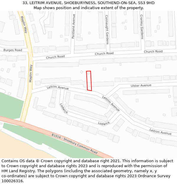 33, LEITRIM AVENUE, SHOEBURYNESS, SOUTHEND-ON-SEA, SS3 9HD: Location map and indicative extent of plot