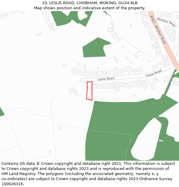 33, LESLIE ROAD, CHOBHAM, WOKING, GU24 8LB: Location map and indicative extent of plot
