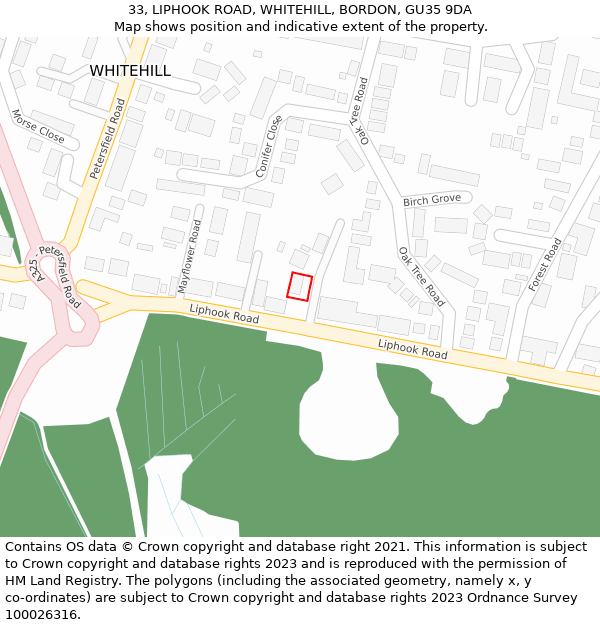 33, LIPHOOK ROAD, WHITEHILL, BORDON, GU35 9DA: Location map and indicative extent of plot