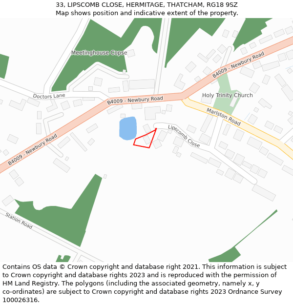 33, LIPSCOMB CLOSE, HERMITAGE, THATCHAM, RG18 9SZ: Location map and indicative extent of plot