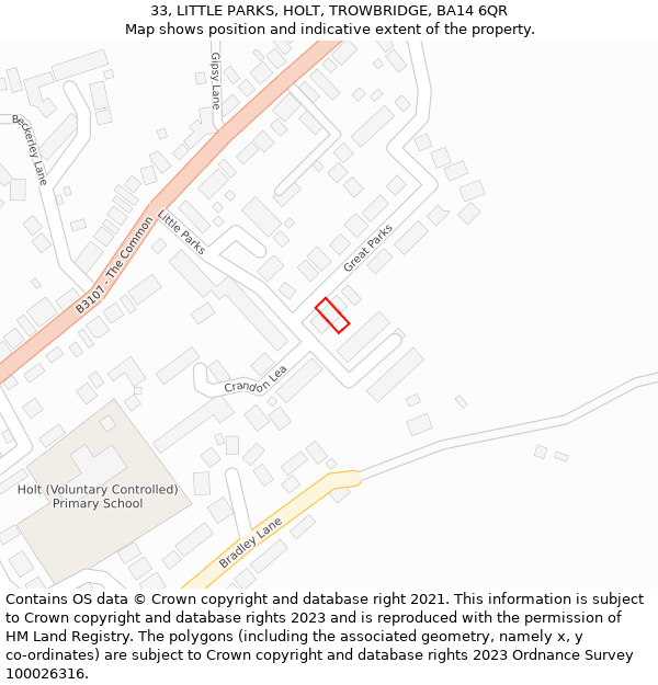 33, LITTLE PARKS, HOLT, TROWBRIDGE, BA14 6QR: Location map and indicative extent of plot