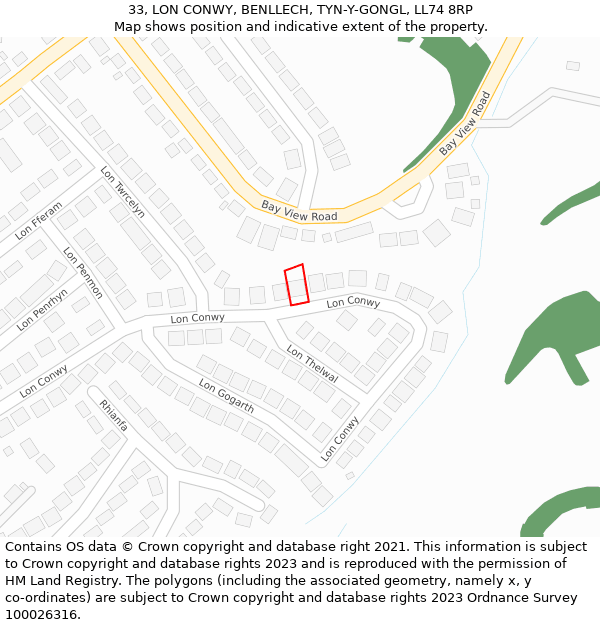 33, LON CONWY, BENLLECH, TYN-Y-GONGL, LL74 8RP: Location map and indicative extent of plot