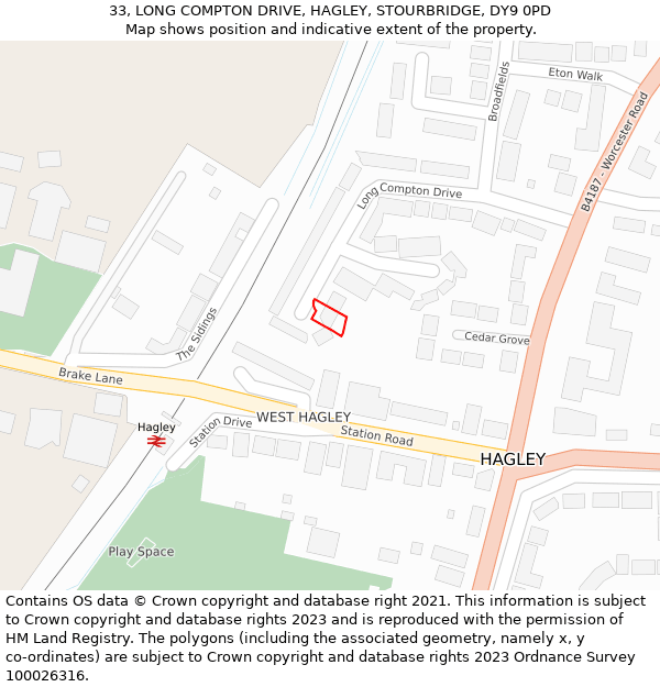 33, LONG COMPTON DRIVE, HAGLEY, STOURBRIDGE, DY9 0PD: Location map and indicative extent of plot
