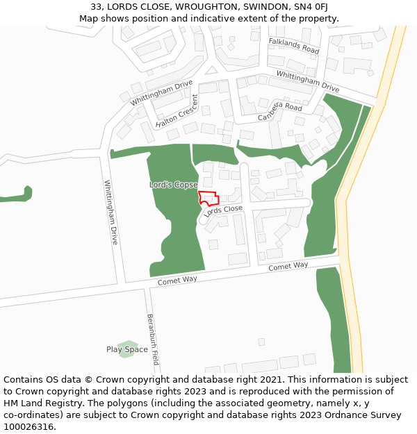 33, LORDS CLOSE, WROUGHTON, SWINDON, SN4 0FJ: Location map and indicative extent of plot