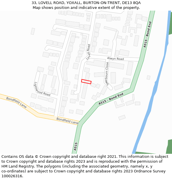 33, LOVELL ROAD, YOXALL, BURTON-ON-TRENT, DE13 8QA: Location map and indicative extent of plot