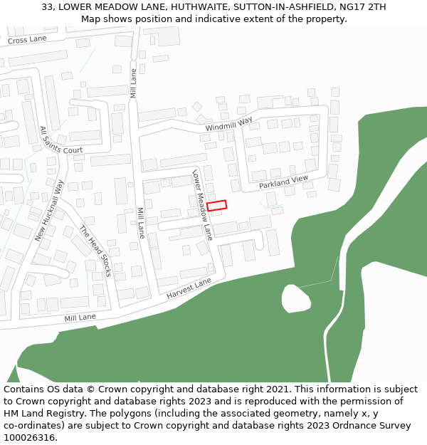 33, LOWER MEADOW LANE, HUTHWAITE, SUTTON-IN-ASHFIELD, NG17 2TH: Location map and indicative extent of plot