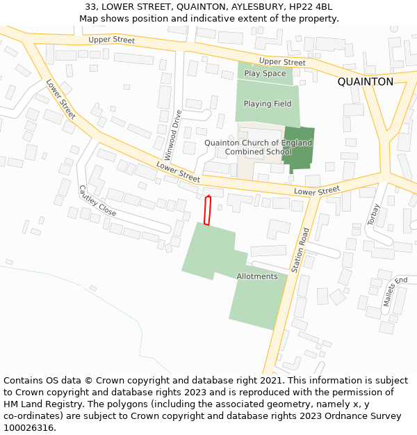 33, LOWER STREET, QUAINTON, AYLESBURY, HP22 4BL: Location map and indicative extent of plot