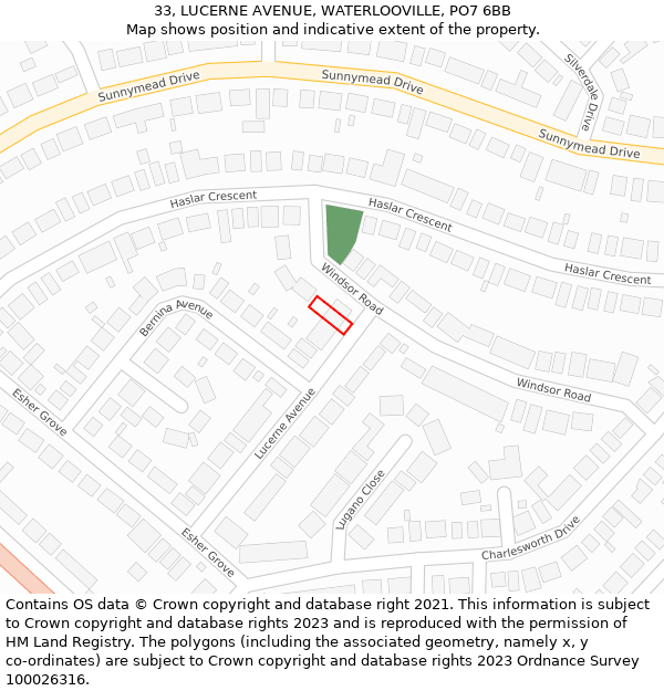 33, LUCERNE AVENUE, WATERLOOVILLE, PO7 6BB: Location map and indicative extent of plot