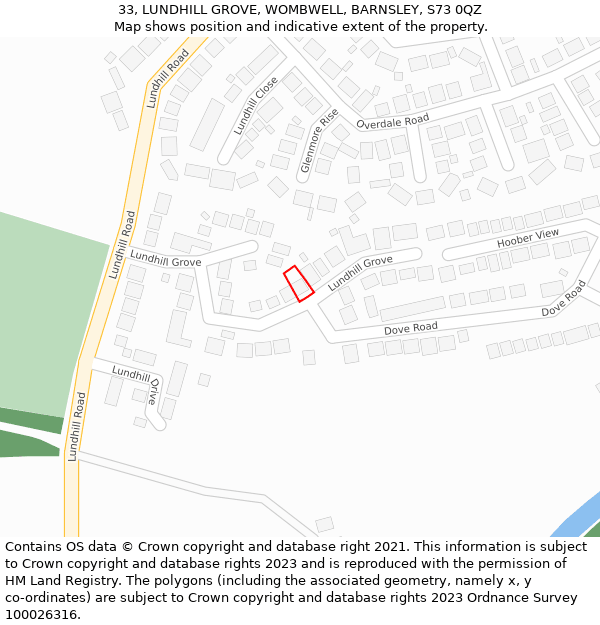 33, LUNDHILL GROVE, WOMBWELL, BARNSLEY, S73 0QZ: Location map and indicative extent of plot