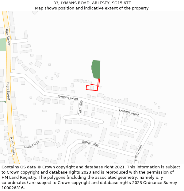 33, LYMANS ROAD, ARLESEY, SG15 6TE: Location map and indicative extent of plot