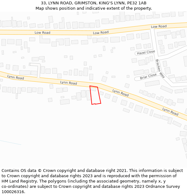 33, LYNN ROAD, GRIMSTON, KING'S LYNN, PE32 1AB: Location map and indicative extent of plot