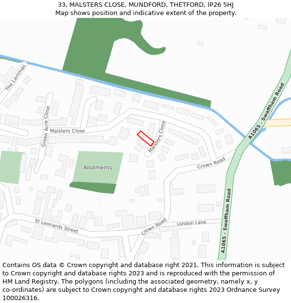 33, MALSTERS CLOSE, MUNDFORD, THETFORD, IP26 5HJ: Location map and indicative extent of plot