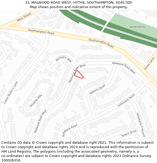 33, MALWOOD ROAD WEST, HYTHE, SOUTHAMPTON, SO45 5DF: Location map and indicative extent of plot