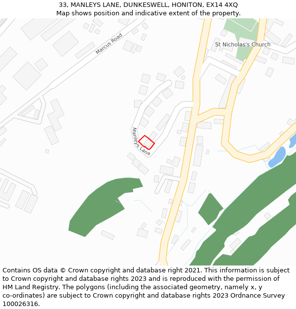 33, MANLEYS LANE, DUNKESWELL, HONITON, EX14 4XQ: Location map and indicative extent of plot