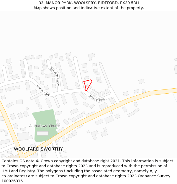 33, MANOR PARK, WOOLSERY, BIDEFORD, EX39 5RH: Location map and indicative extent of plot